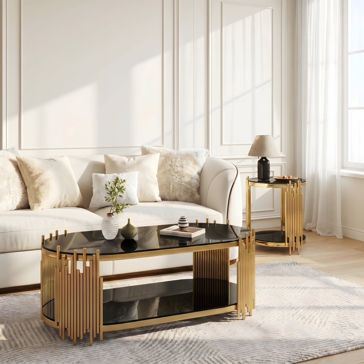 Modern Luxury Coffee Table and Side Table Set, 2-Piece Oval