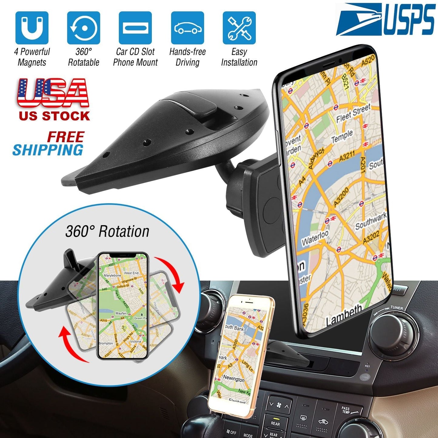 Car Phone Holder CD Slot Phone Mount Stand 360¡ Rotatable Magnetic Smartphone GPS Hands-free Driving Holder For iPhone XS/XS Max/Samsung Galaxy S11/S1