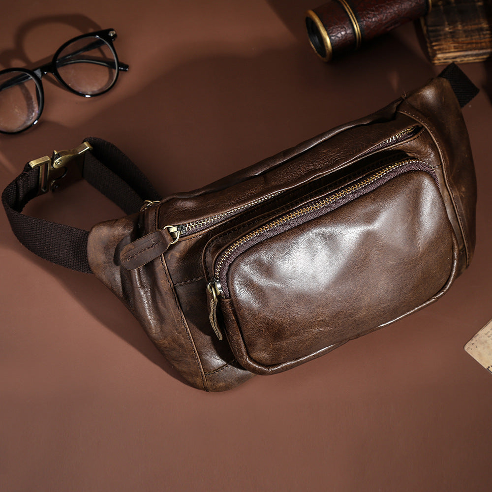Simple Retro First-Layer Cowhide Mens Chest Bag