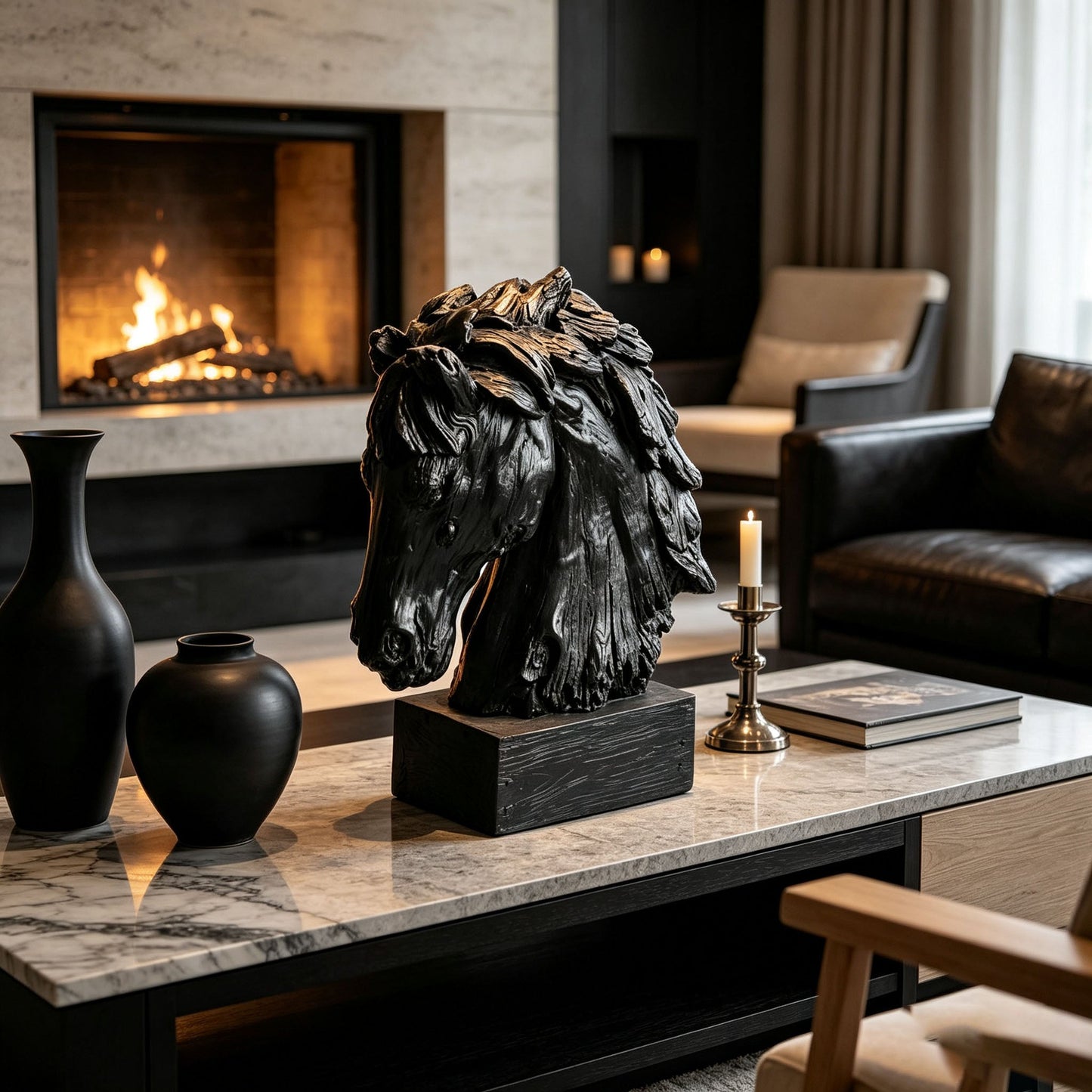 Black Rustic Horse Head Sculpture with Base