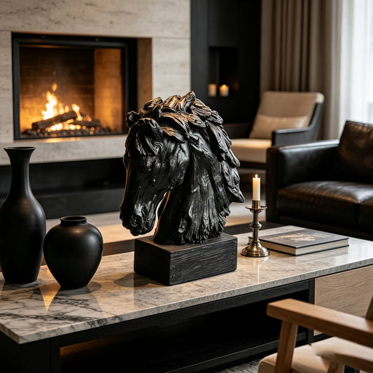 Black Rustic Horse Head Sculpture with Base