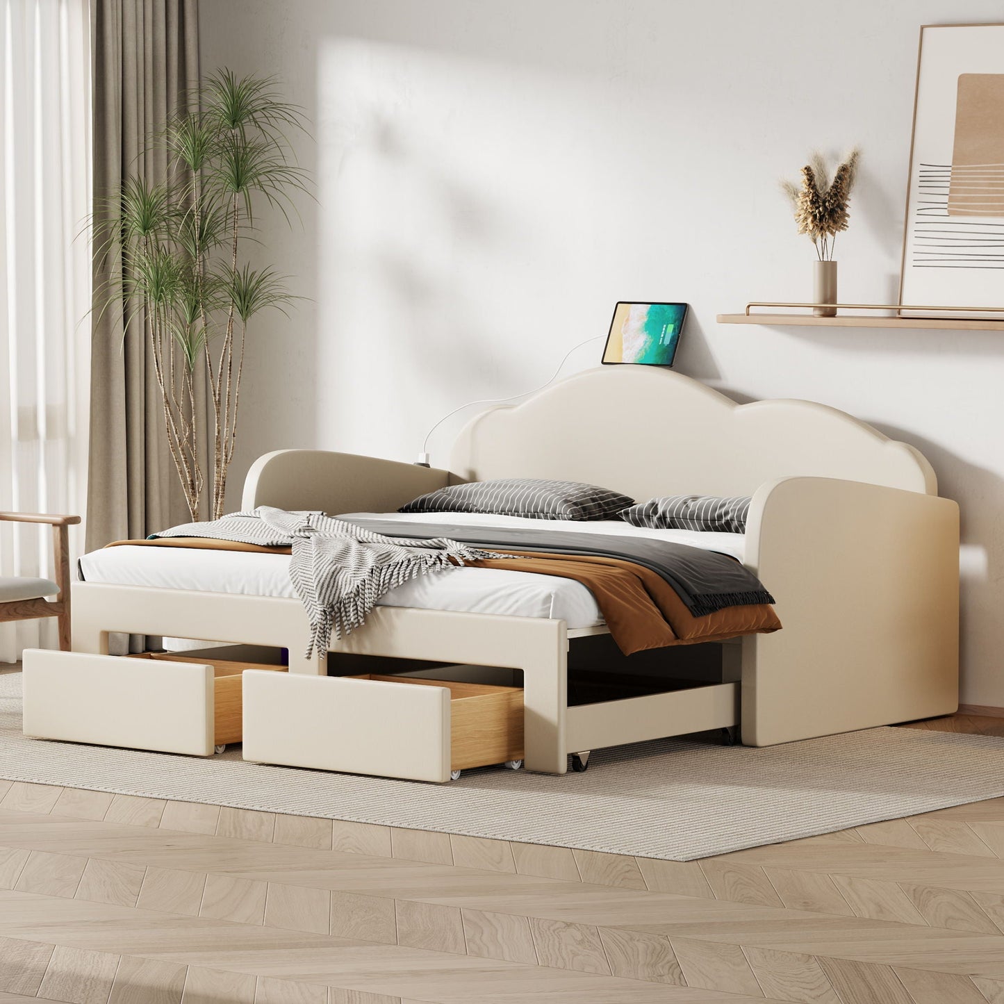 Upholstered Daybed With Cloud-Shaped Backrest, Trundle & 2 Drawers And USB Ports