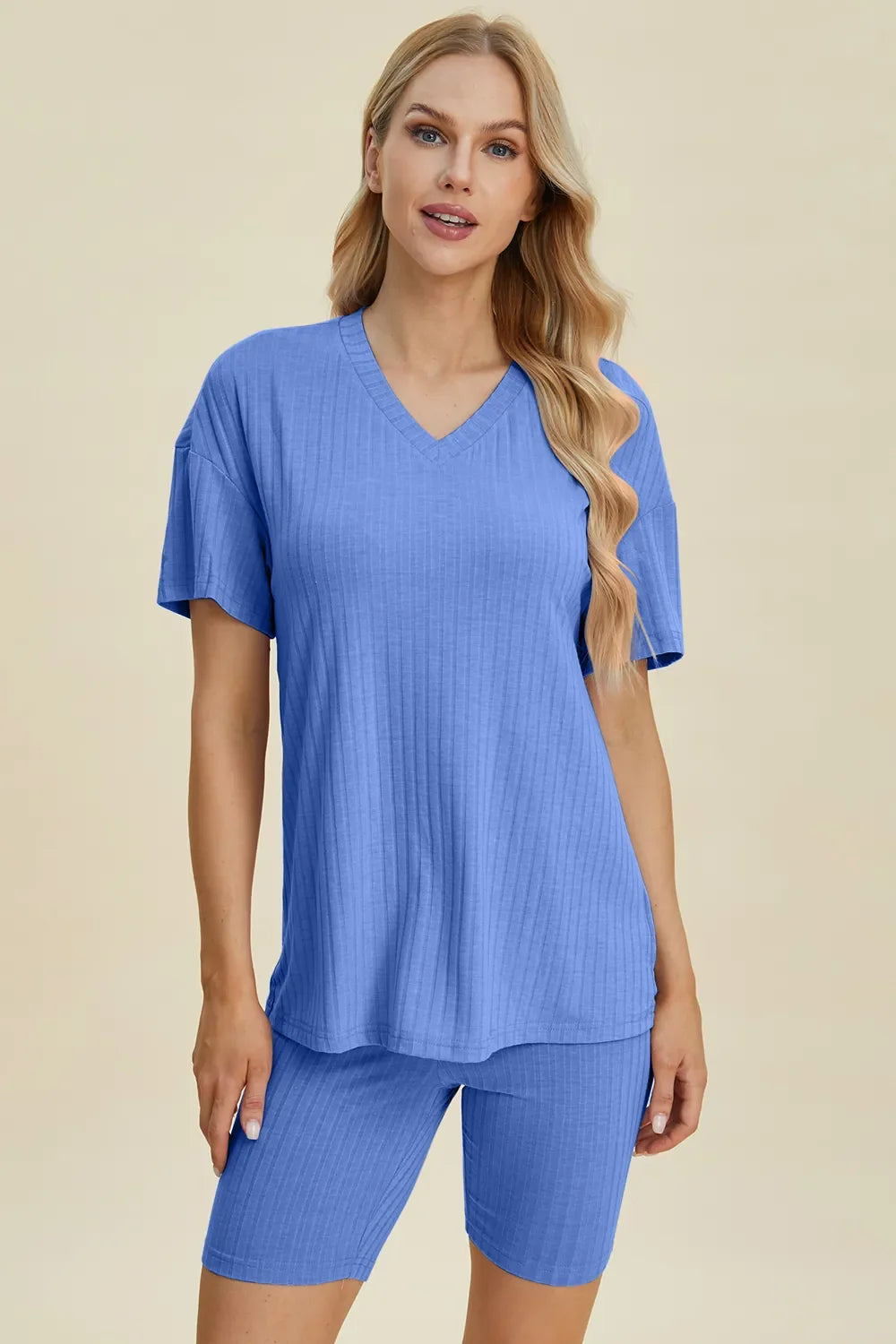 Plus Size Ribbed V-Neck Top & Shorts Set