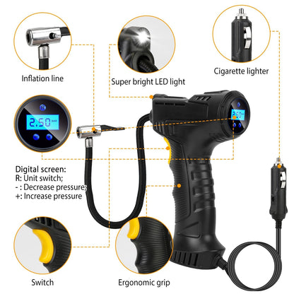 Portable Car Tire Inflator DC 12V Digital Car Air Pump Compressor Electric Air Pump w/LED Light 150PSI