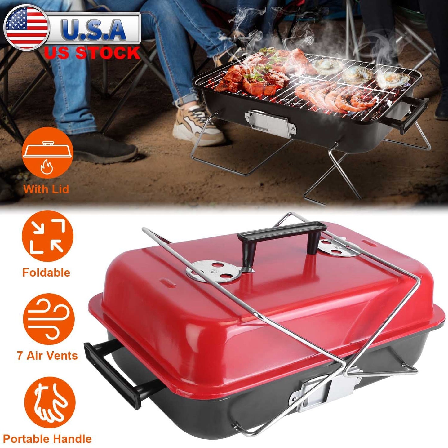 Portable Charcoal Grill OutdoorÊTabletop Grill Small Barbecue Smoker Folding BBQ Grill with Lid for Backyard Camping Picnics Beach