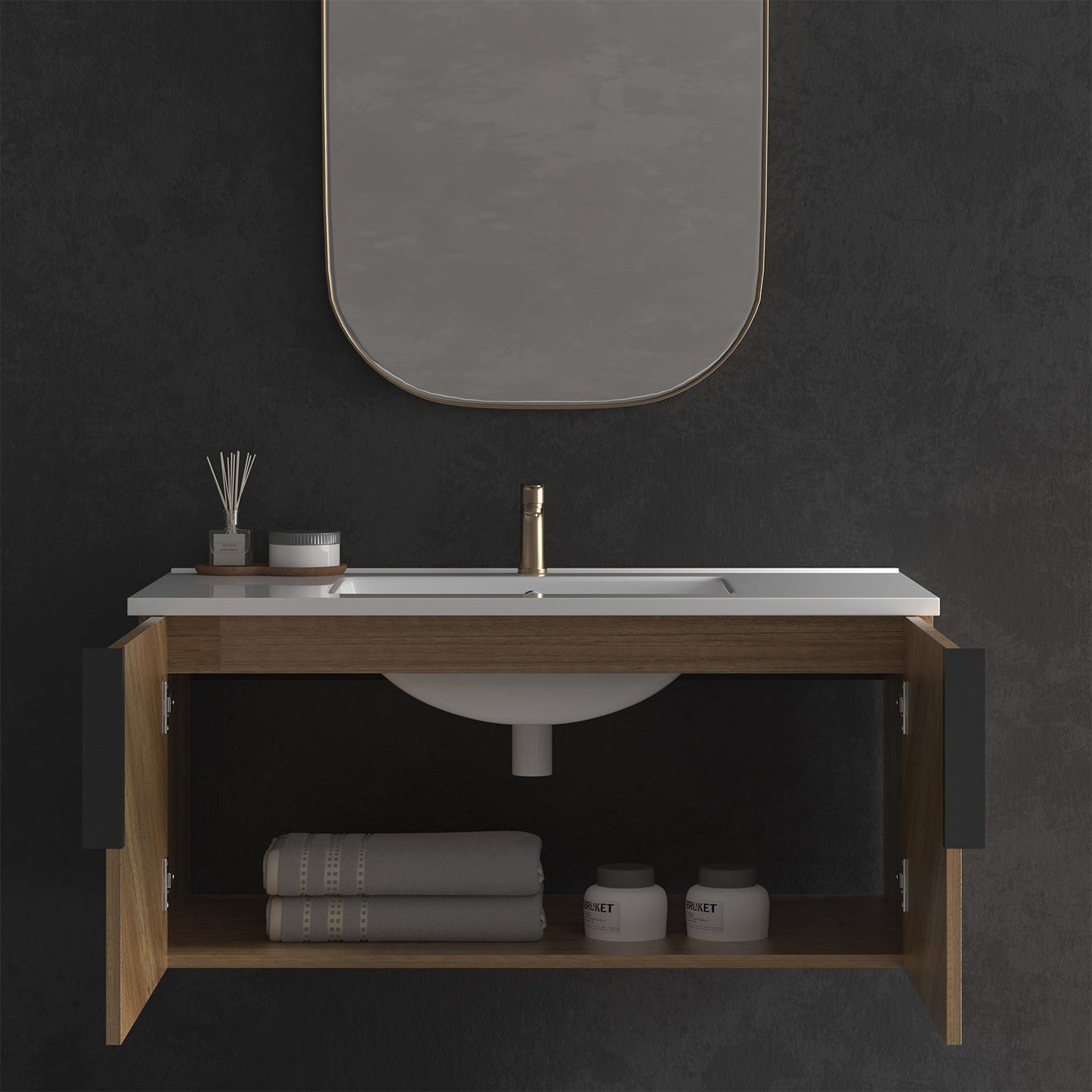 36 Inch Wall-Mounted Bathroom Vanity with 3D Fluted Panel & Ceramic Integrated Sink