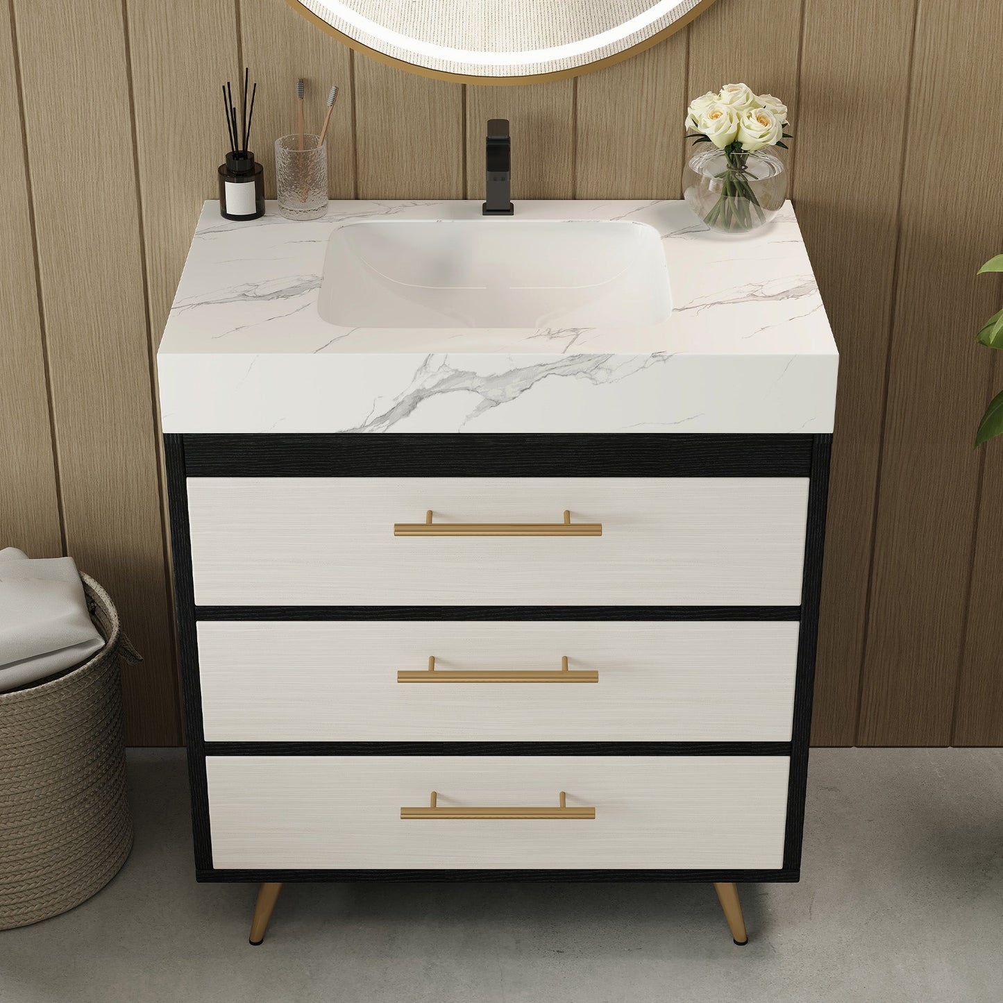 Modern Free-Standing Bathroom Vanity with Ceramic Vessel Sink & Durable Sintered Stone Top