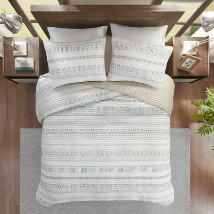 3 Piece Printed Microfiber Seersucker Quilt Set Taupe/Blue Full/Queen