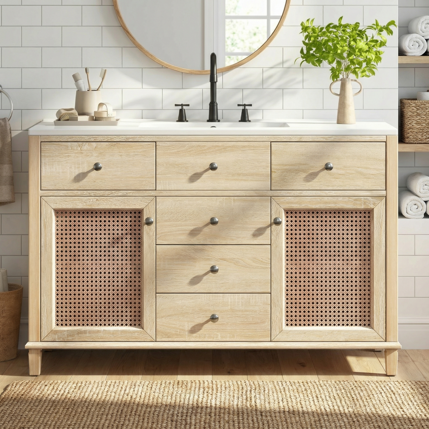48-Inch Natural Rattan Bathroom Vanity