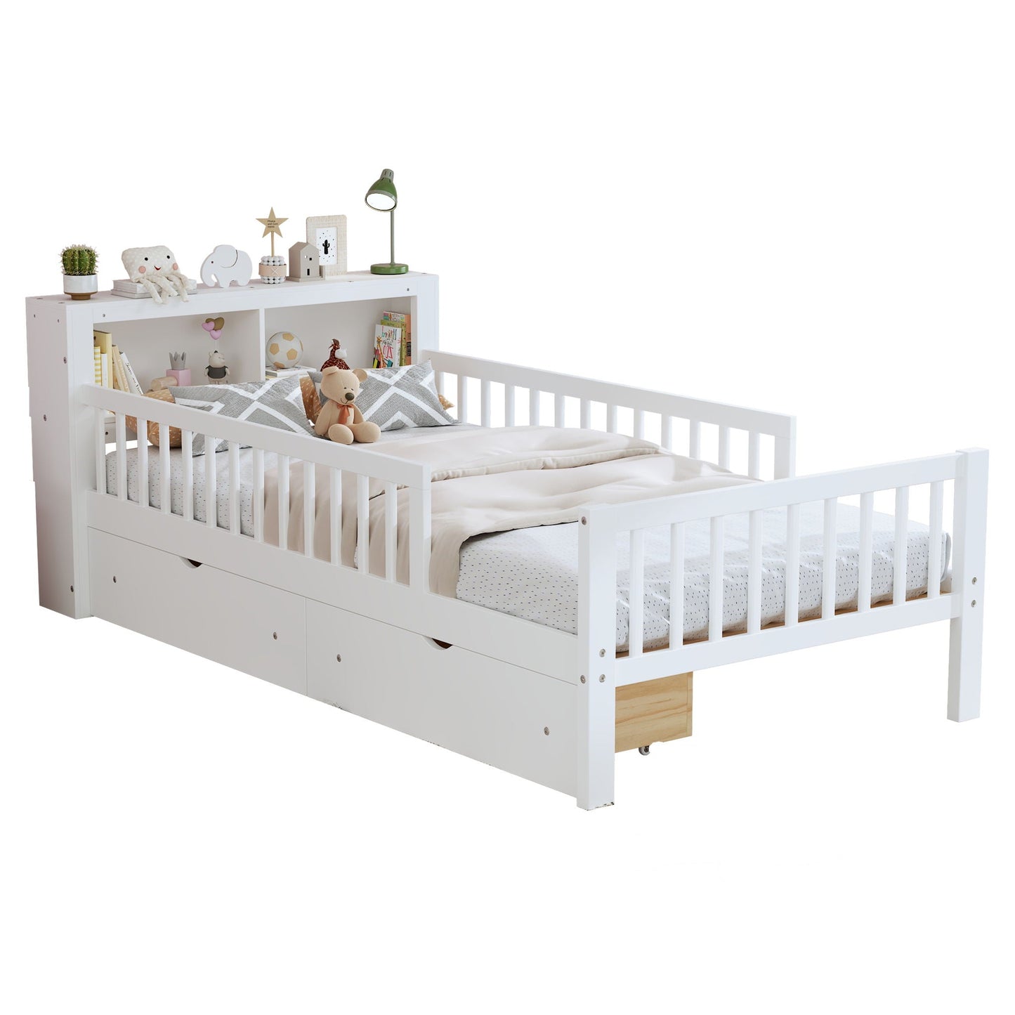 Bed With Headboard Storage Rack, 2 Under Bed Drawers, 3 Side Guardrails For Safety