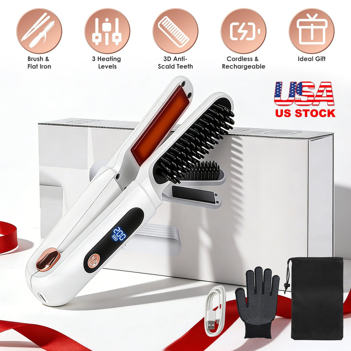 Cordless Hair Straightener Brush 2-in-1 Ceramic Flat Iron