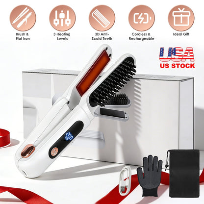 Cordless Hair Straightener Brush 2-in-1 Ceramic Flat Iron