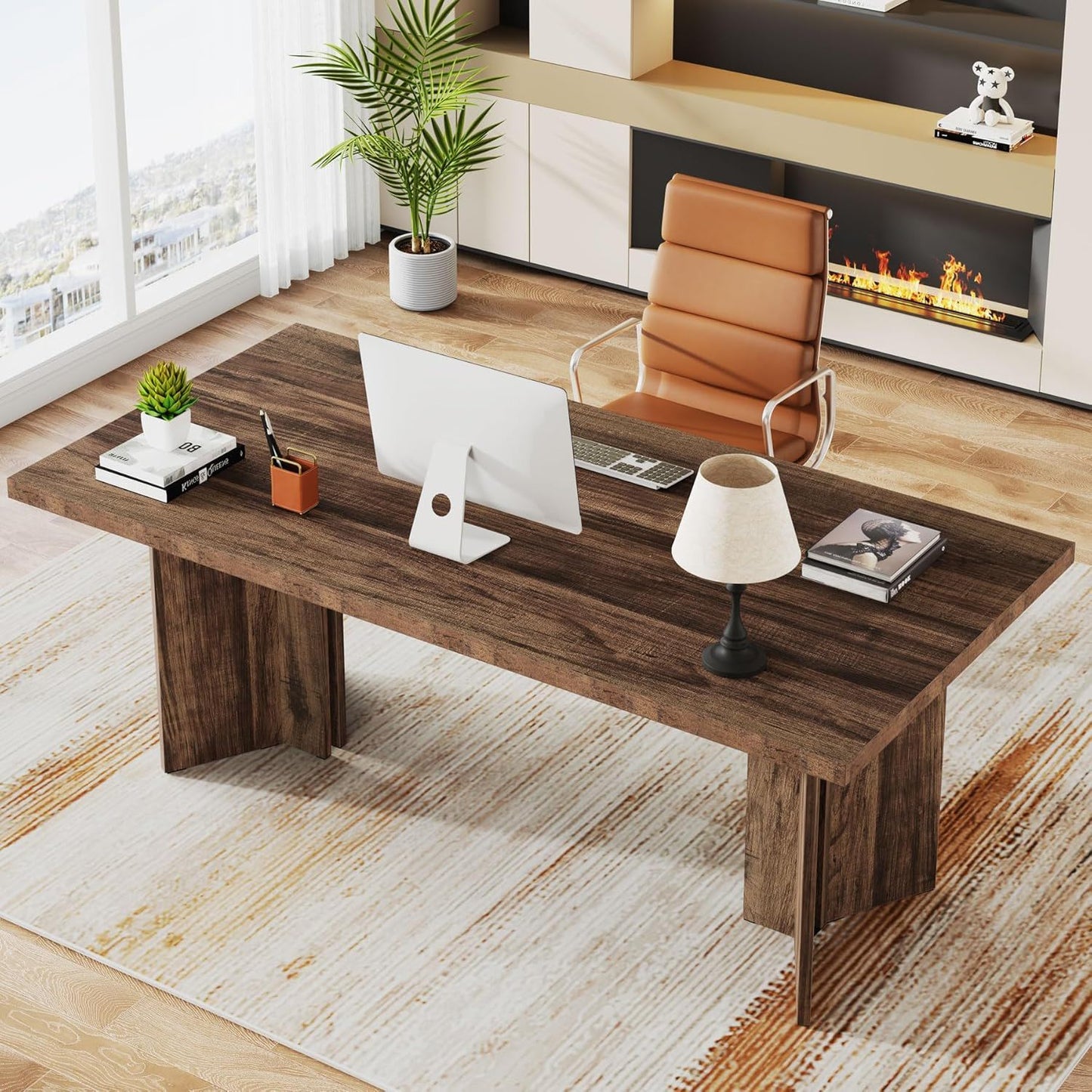 Executive Desk, Vintage Computer Workstation With Thickened Tabletop