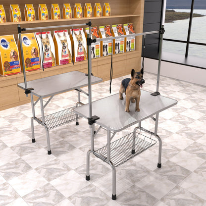 Folding Dog Pet Grooming Table Stainless Steel Frame Rubber Mat On Board With Adjustable Arm And Clamps Pet Dog Cat Grooming Table