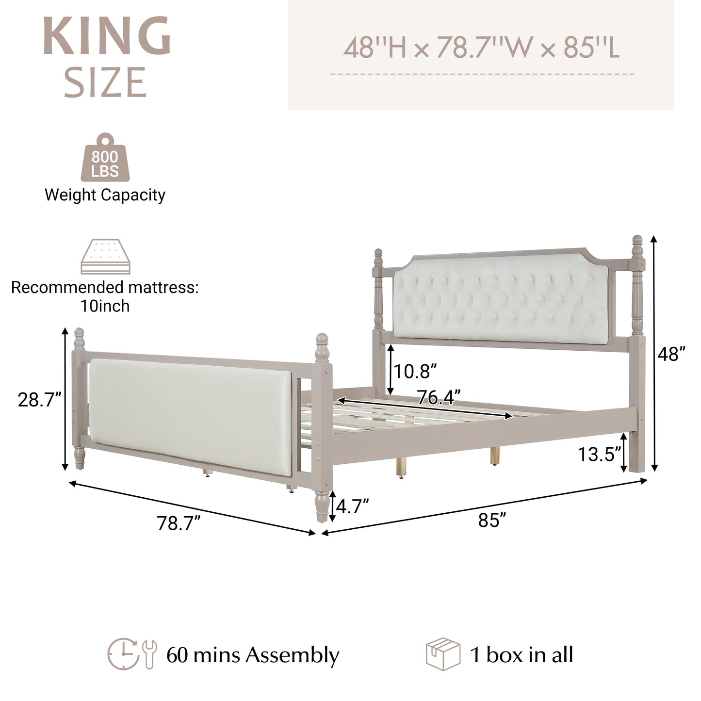 King Size Upholstered Platform Bed with Button Tufted Headboard