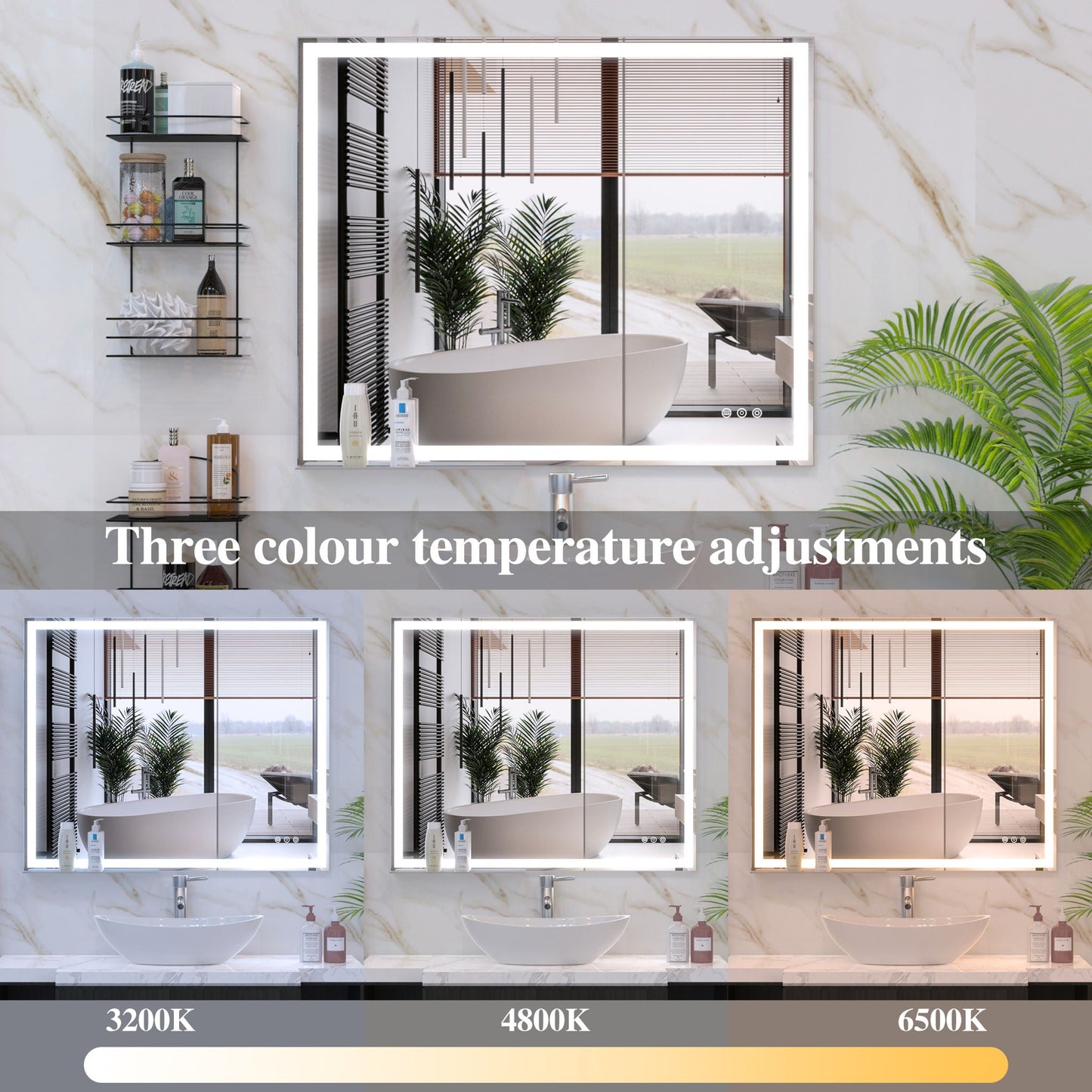 LED Bathroom Vanity Mirror Wall Mounted Adjustable / Warm / Natural Lights Anti-Fog Touch Switch With Memory Modern Smart Large Bathroom Mirrors