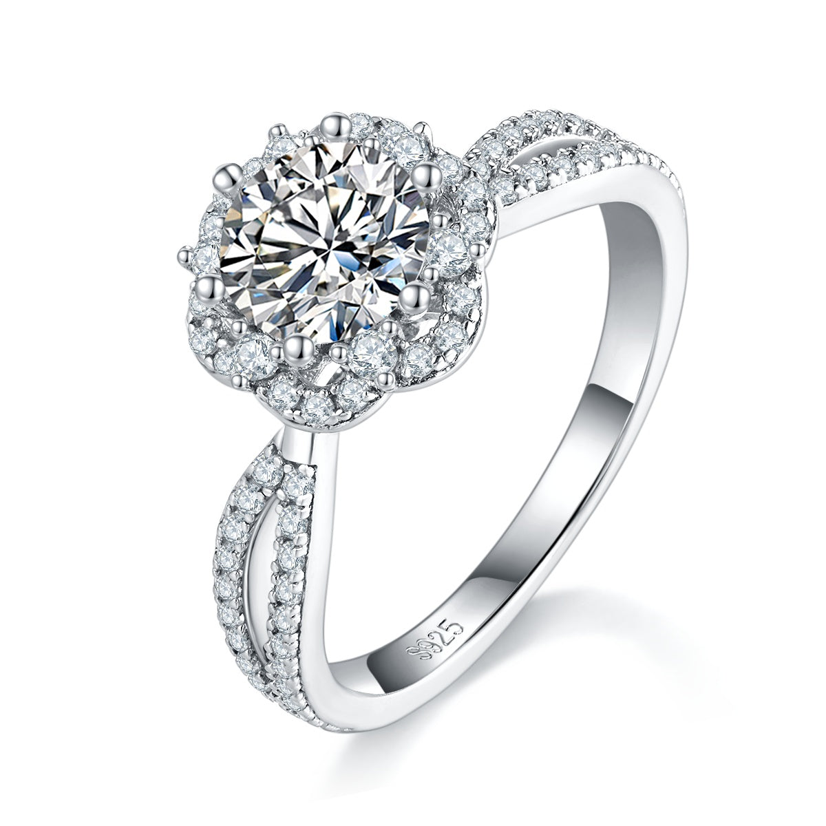 S925 Sterling Silver 1ct Moissanite Ring, 6.5mm D-VVS1 Round Cut, Halo Twist Band, US Sizes 5-9, GRA Certified Gift Box