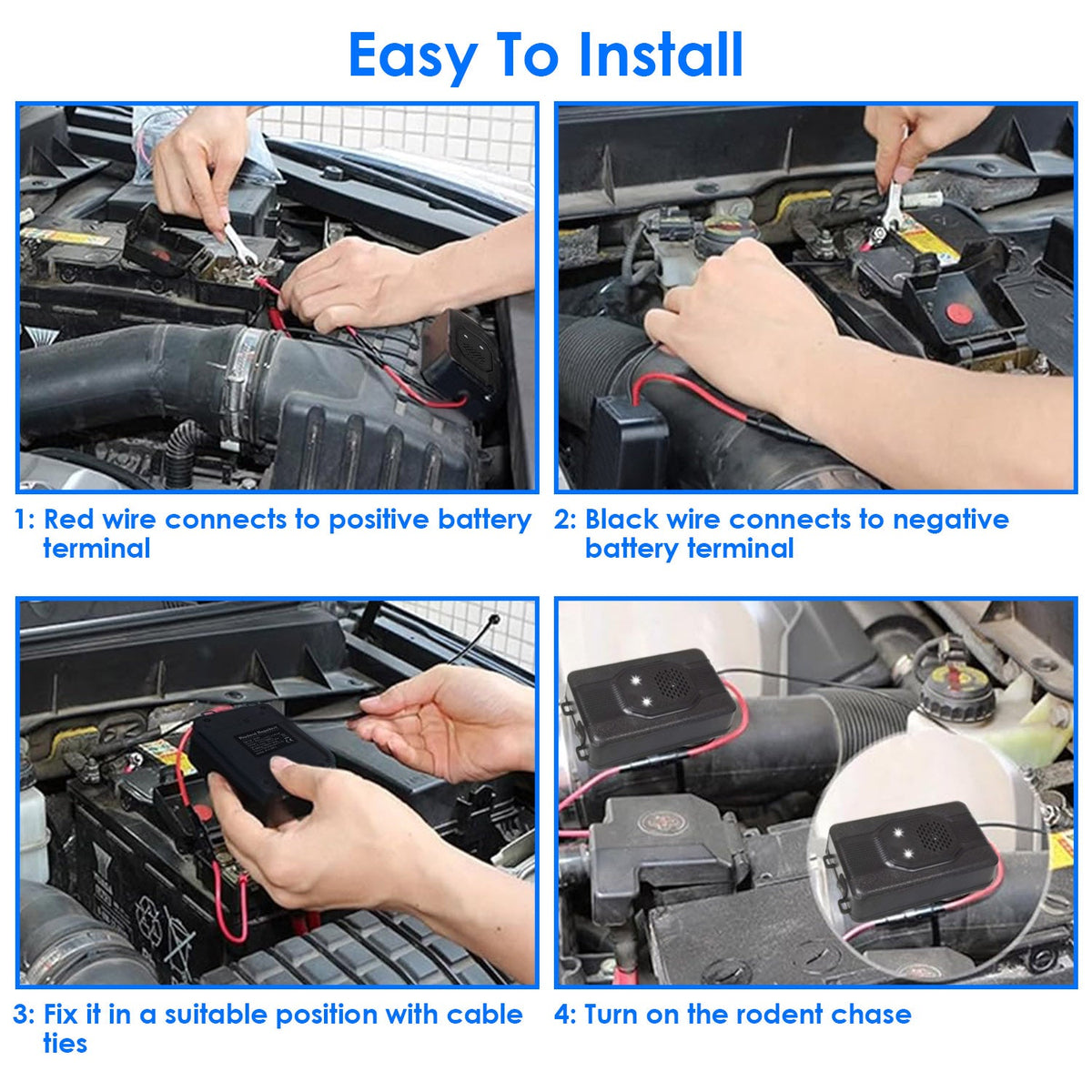 2 Pack Under Hood Ultrasonic Rodent Repeller Rodent Control Deterrent Chaser Blocker for Vehicle Indoor with Strobe Light 3 Power Supplies