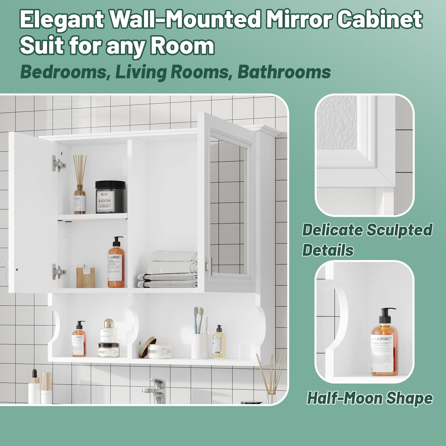 Wall Mounted Mirror Medicine Cabinet, Bathroom Storage With Doors And Open Shelves