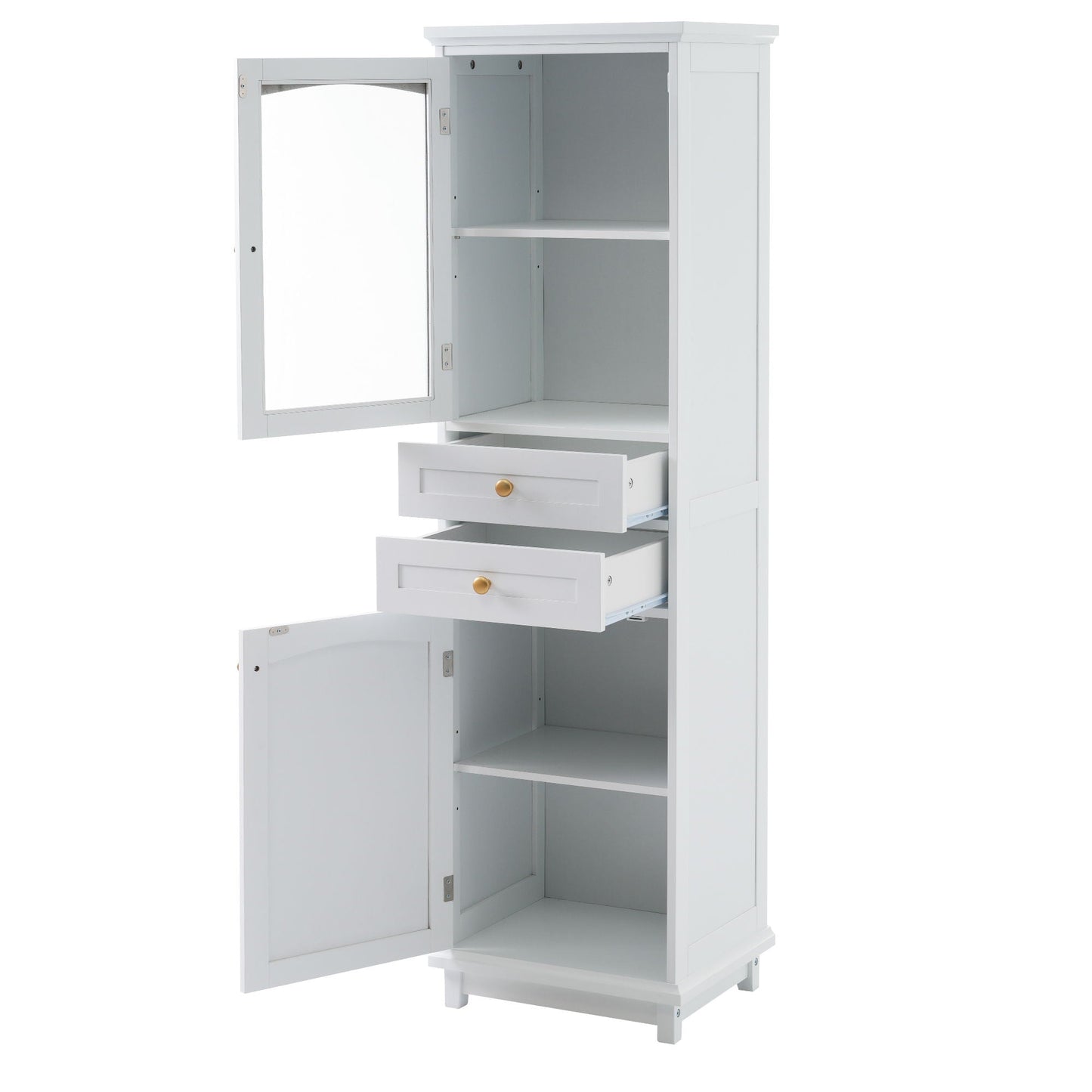 Tall Bathroom Storage Cabinet With Glass Doors, Free-Standing, Two Drawers, And Adjustable Shelves, Board, Painted Perfect For Displaying Your Favorite Items