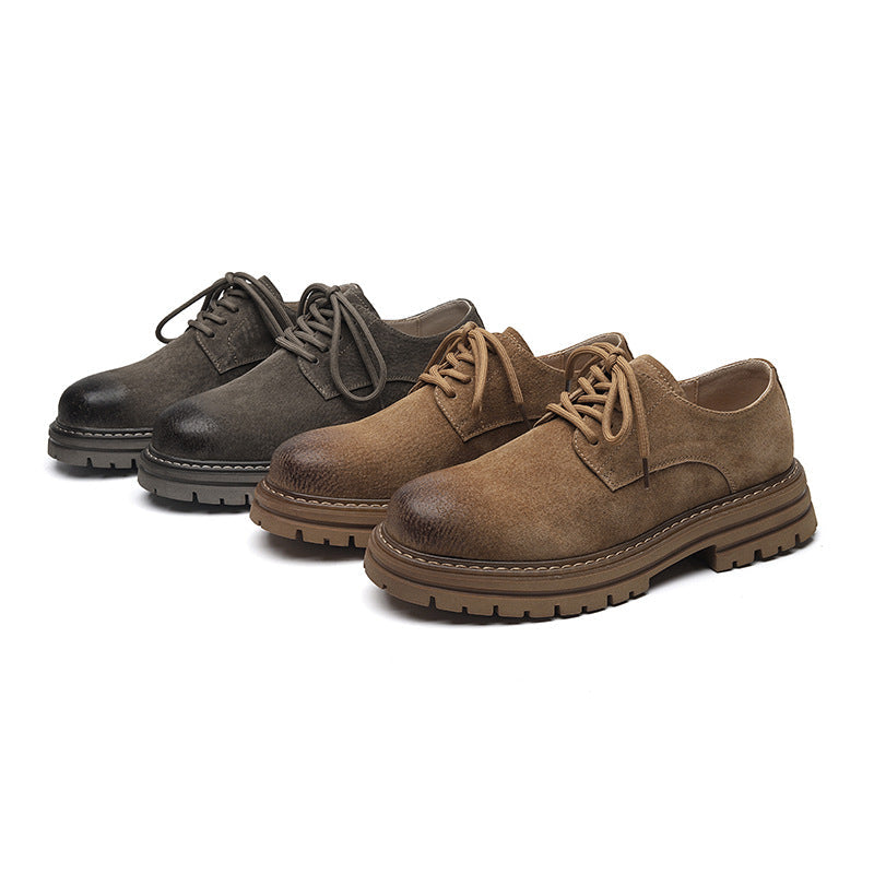 Youthful Round-toe Mens British-style Casual Pigskin Mid-heel Wide-toe Work Shoes
