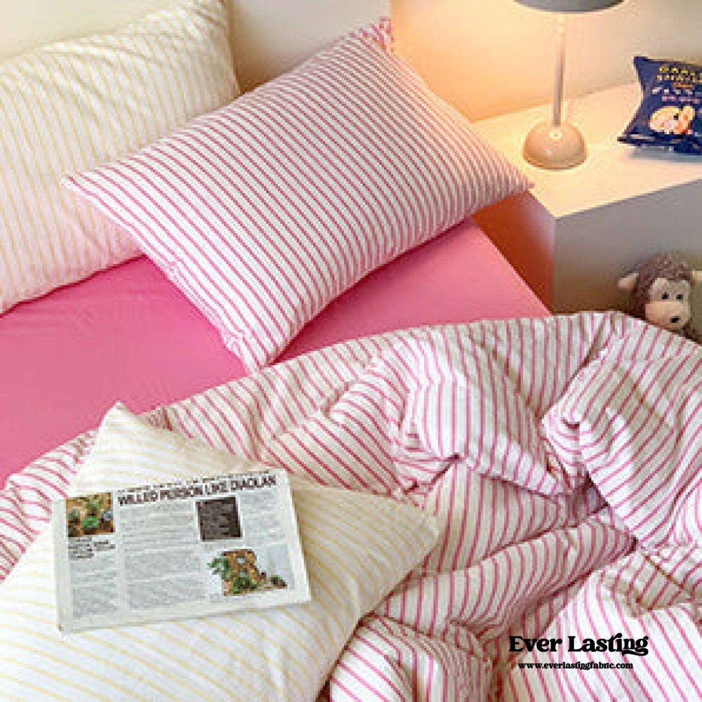 Candy Stripe Washed Cotton Bedding Set / Pink