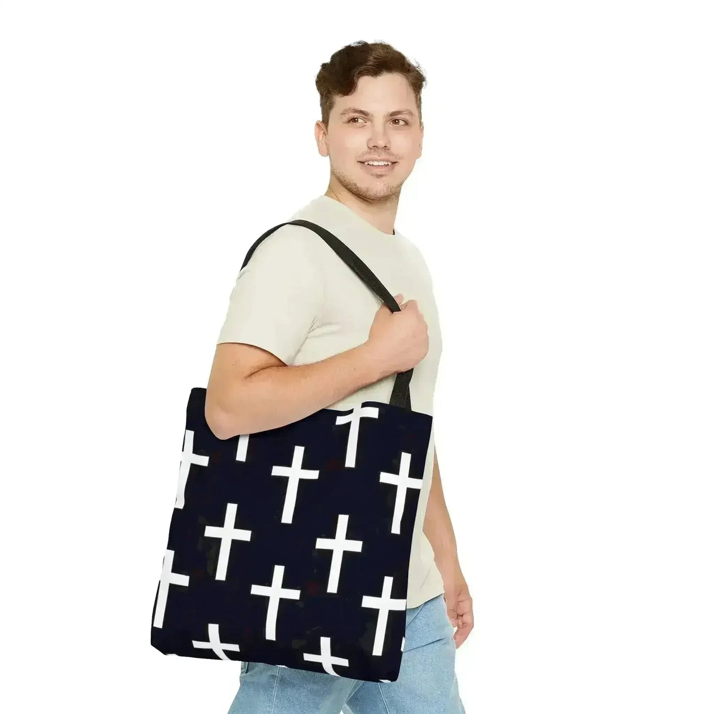 Large Tote Bag Black and White Seamless Cross Pattern