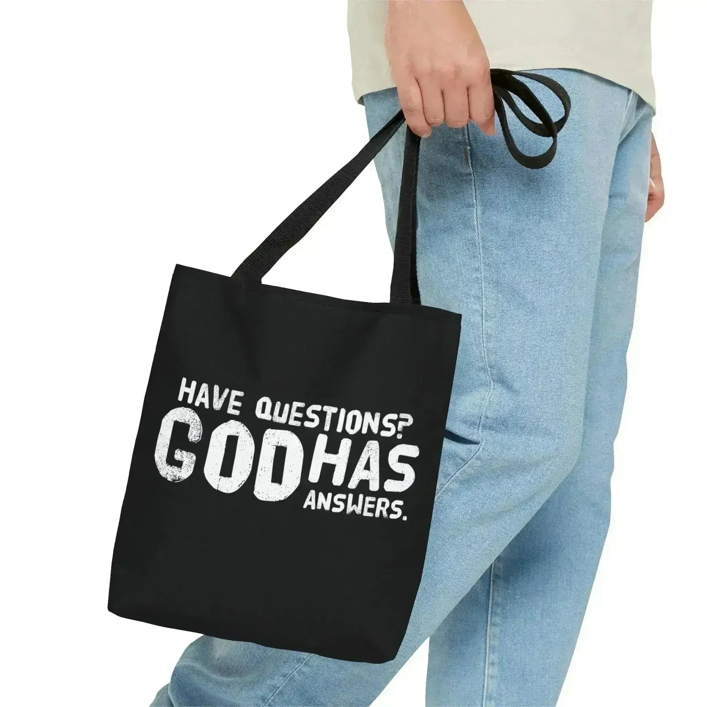Large Tote Bag have Questions God has Answers Print