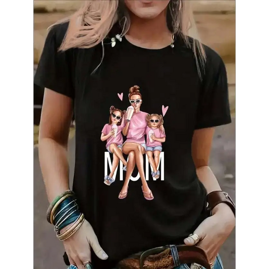 Cartoon Mom and Girls Graphic Tee
