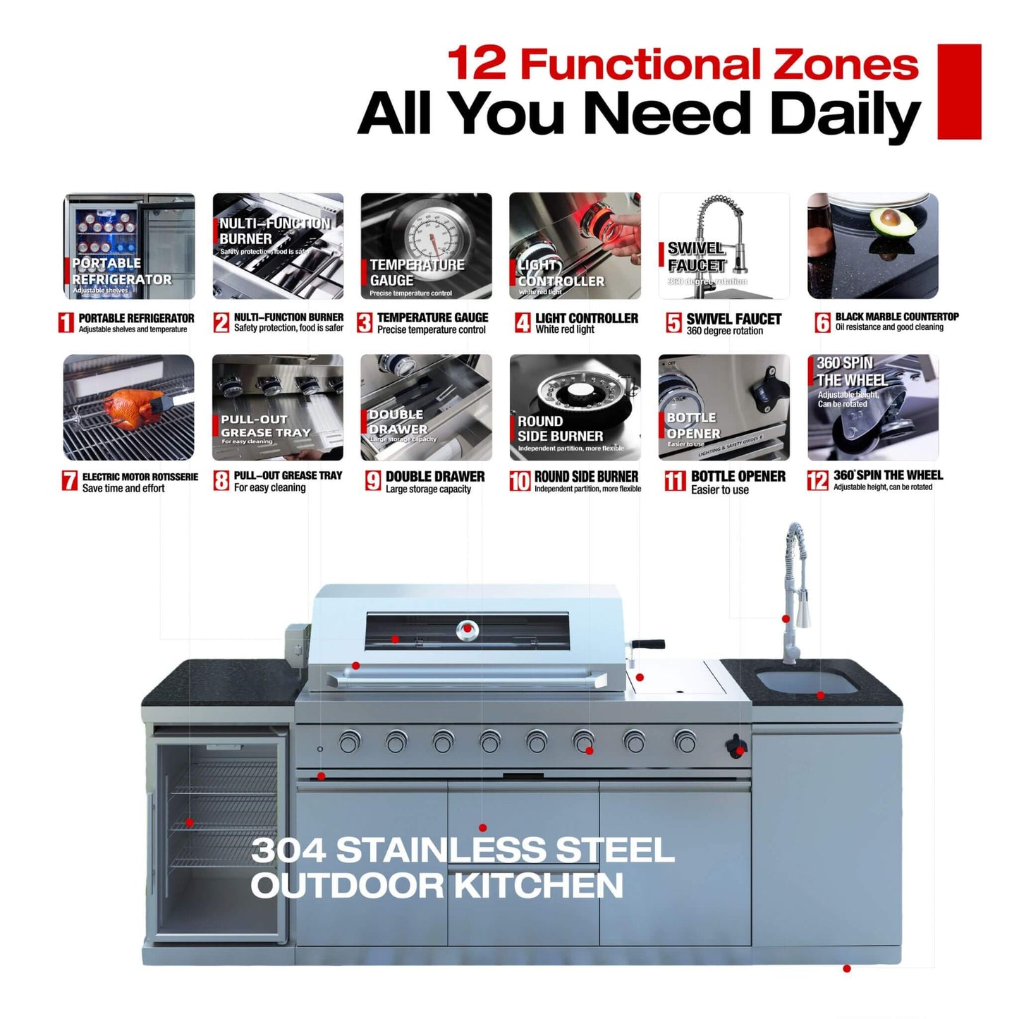 Castelle Flame Capri 96-Inch 6-Burner 85000 BTU Outdoor Kitchen Liquid Propane Grill Island With Fridge (SAK42895)