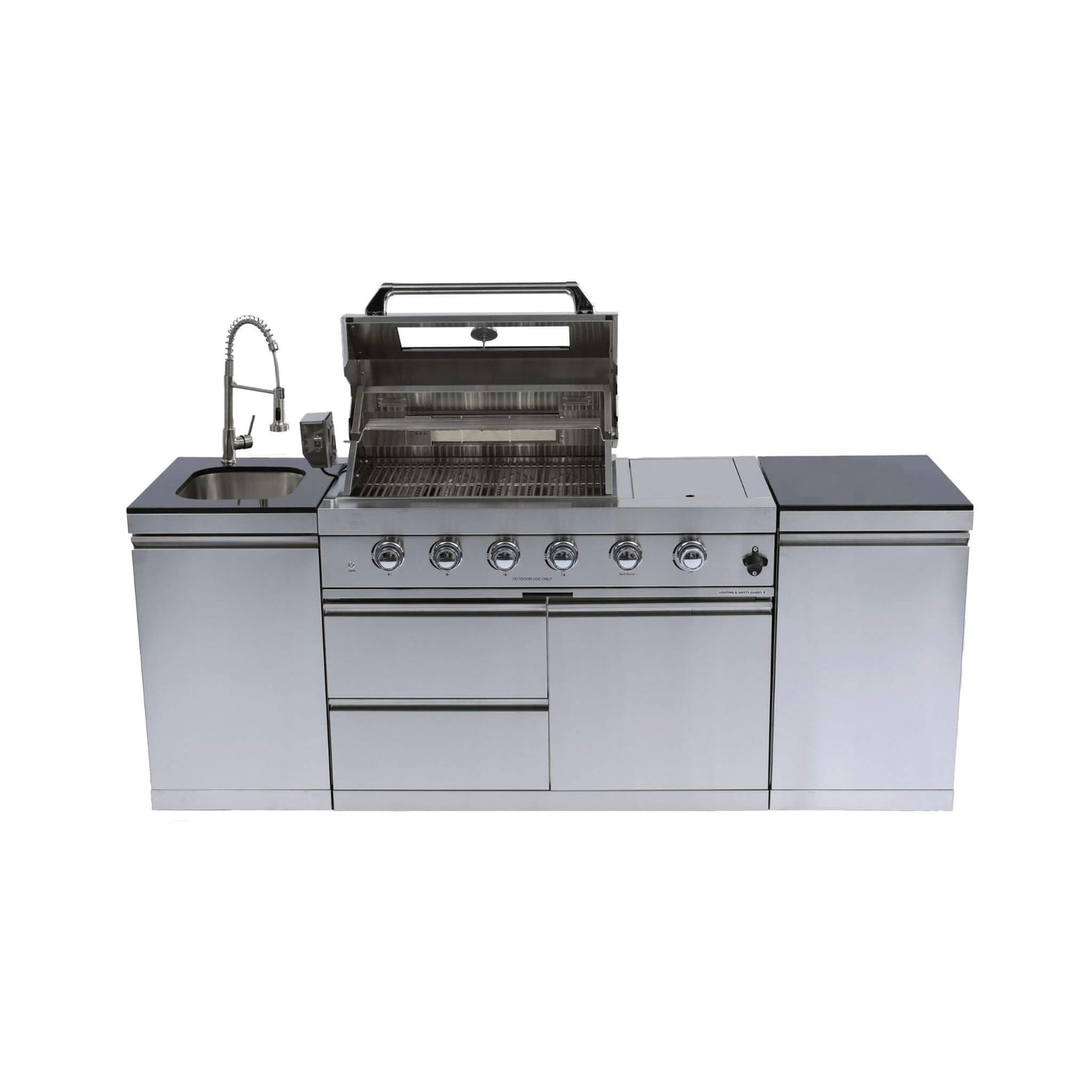Castelle Flame Aurelia 46-Inch 4-Burner 72K BTU Stainless Steel Outdoor BBQ Kitchen Grill Island With 46-Inch 4-Burner 85K BTU Grill, Rotisserie Kit, And Cabinets (SAK93192)