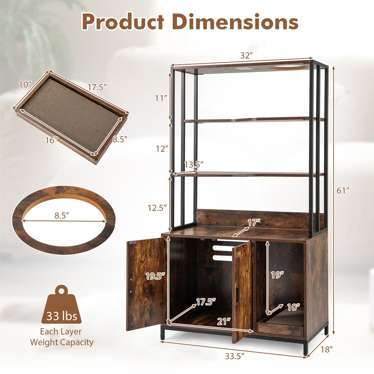 Cat Litter Box Enclosure with Storage and 3-tier Shelves-Rustic Brown