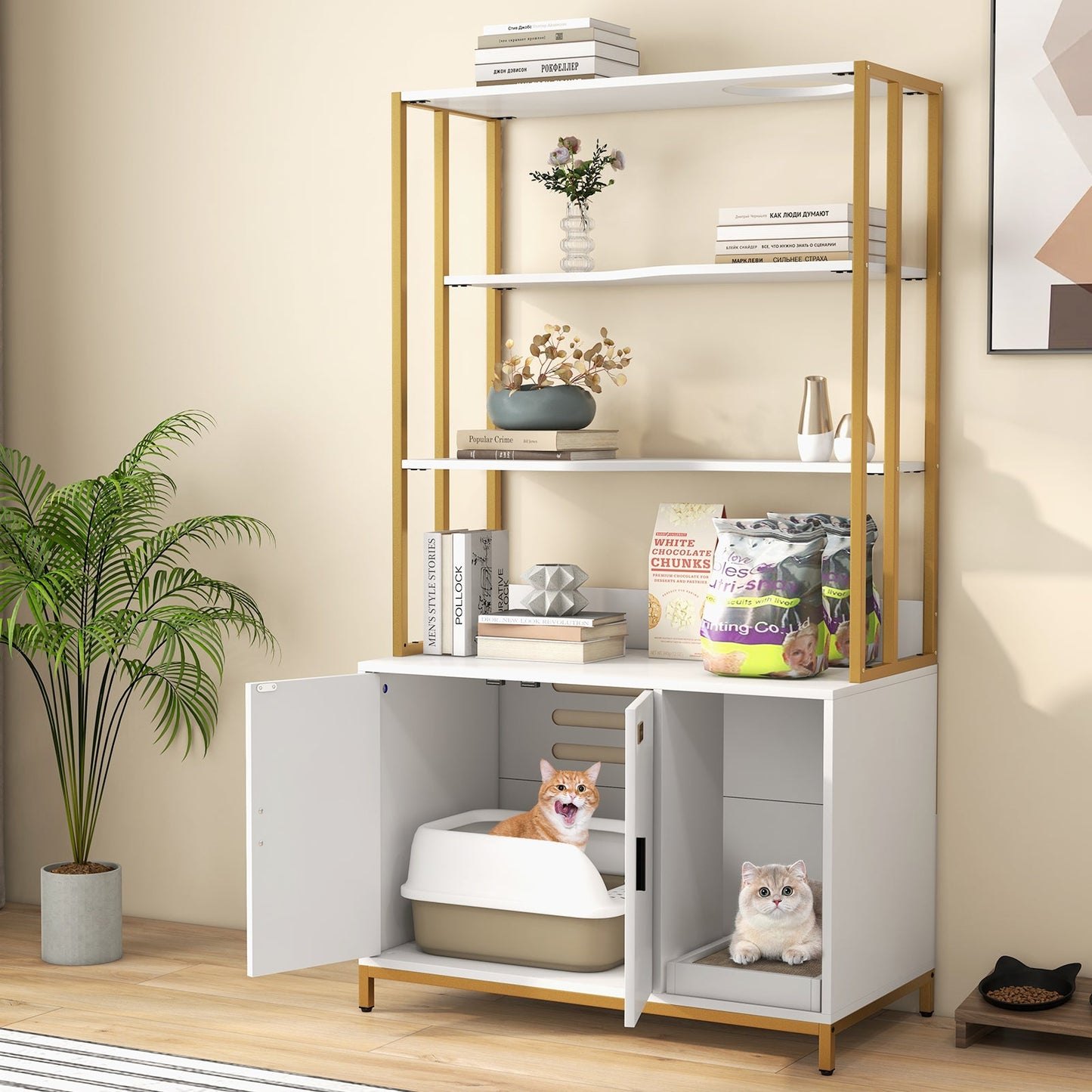 Cat Litter Box Enclosure with Storage and 3-tier Shelves-White