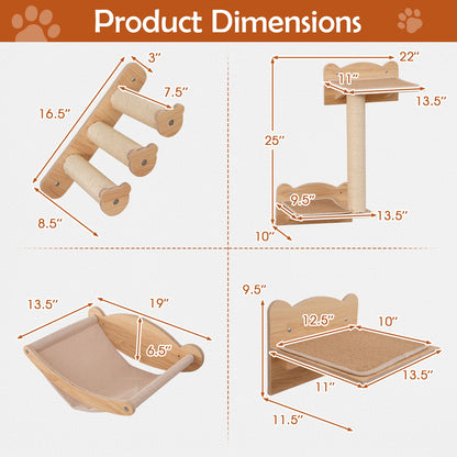 Cat Wall Furniture Set of 4 with Hammock 2-step Cat Tree and Perch-Natural
