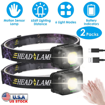 2Packs Rechargeable Motion Sensor Headlamp 6 Light Modes COB XPG Headlight Torch Flashlight for Fishing Running Camping Hiking