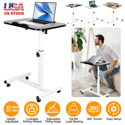 Rolling Laptop Table Portable Computer Desk Movable Table with Adjustable Height Tilting Angle