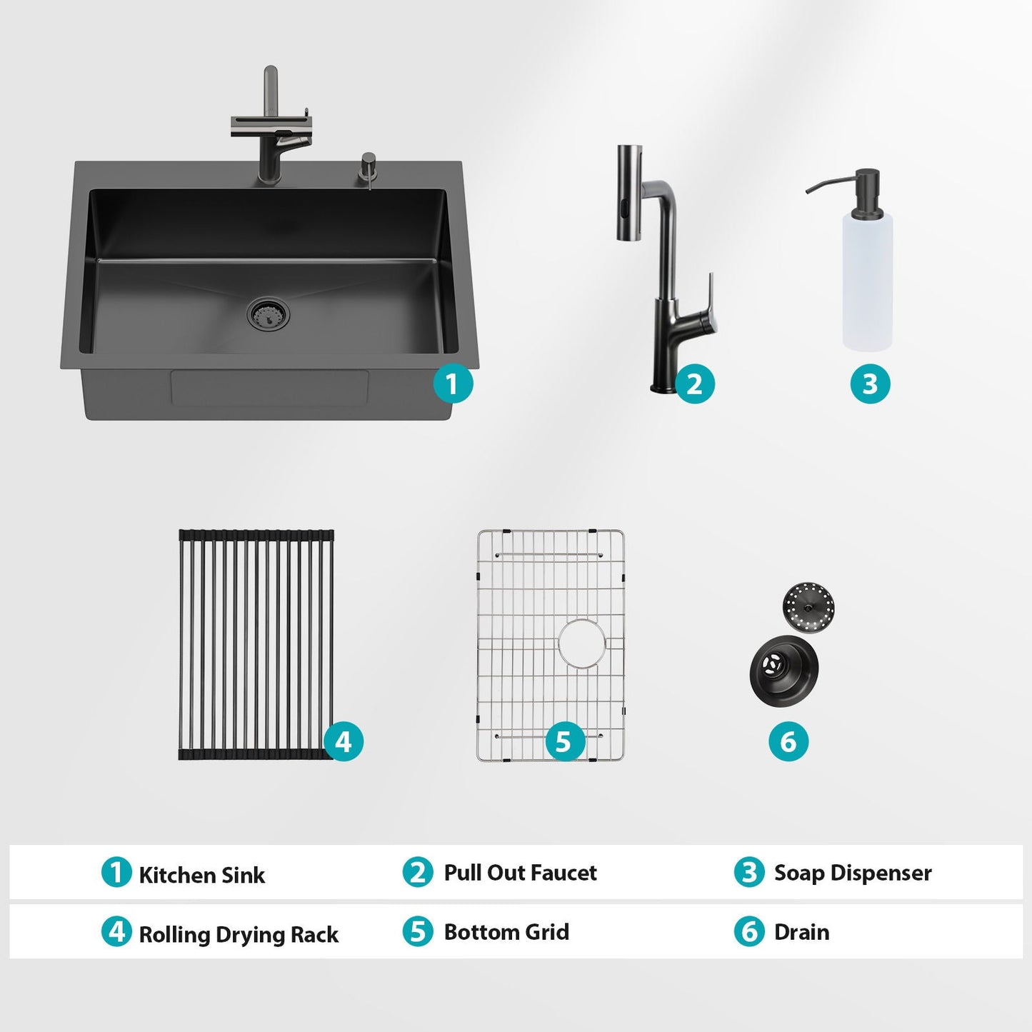 Drop-In Stainless Steel Kitchen Sink With Pull-Out Faucet And Soap Dispenser