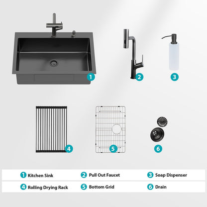 Drop-In Stainless Steel Kitchen Sink With Pull-Out Faucet And Soap Dispenser
