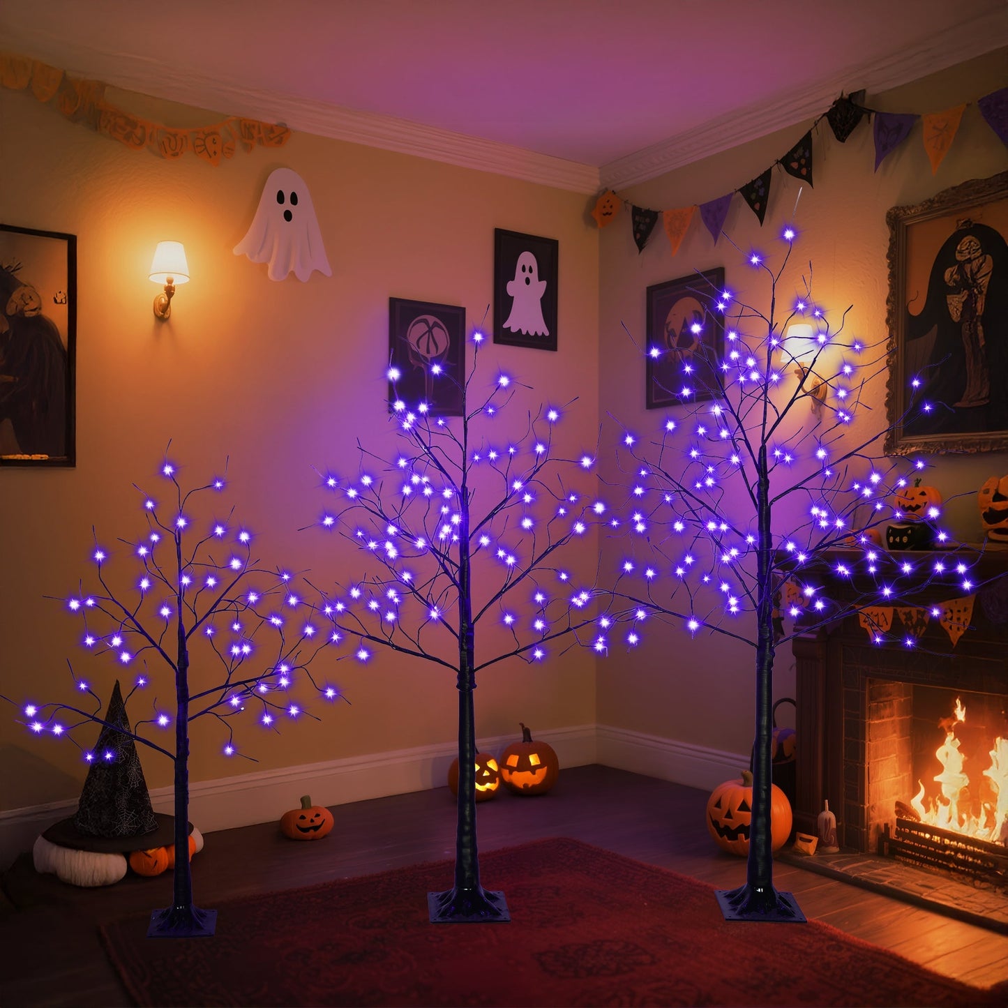 3 Pc Illuminated Halloween Tree with Purple LED Glow