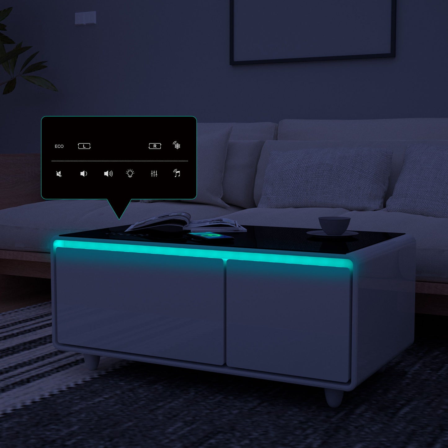 Modern Smart Coffee Table With Built-In Fridge - tooth Speaker, Wireless Charging, Touch Control Panel, USB Interface, Outlet Protection, Atmosphere Light