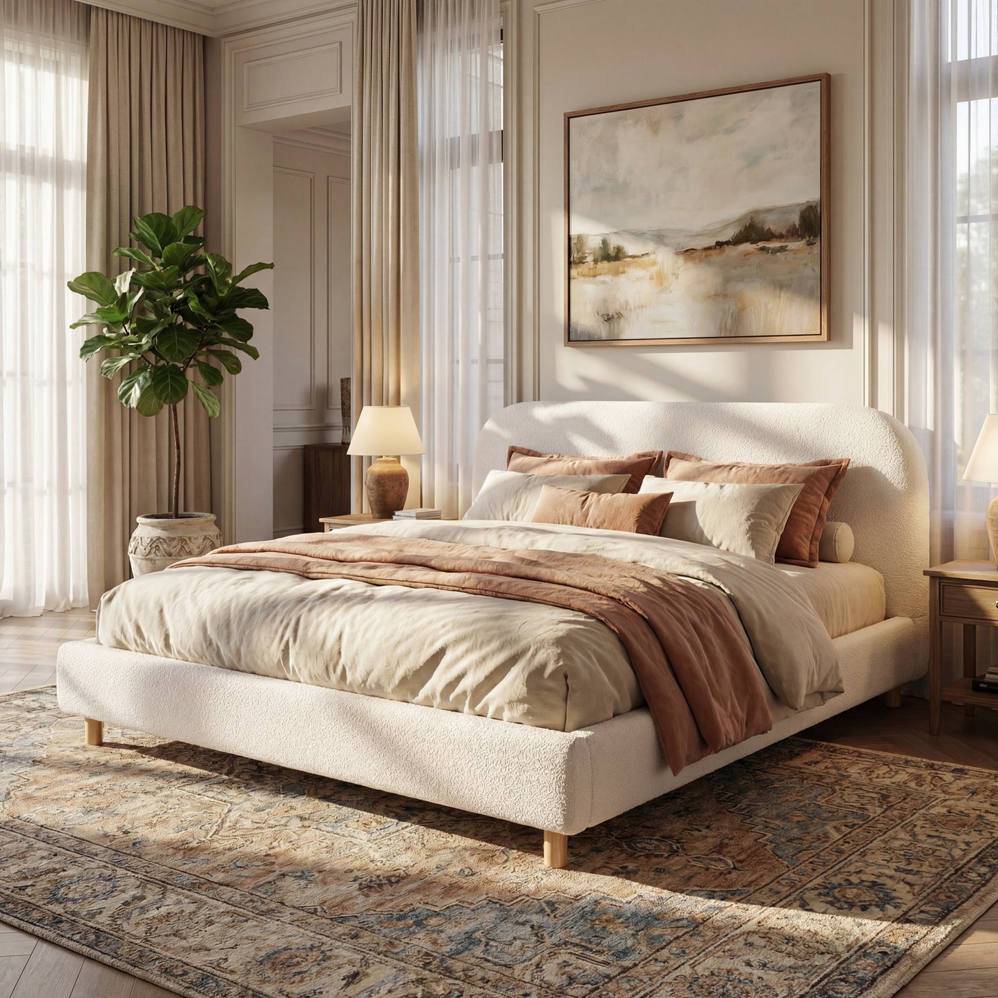 California King Size Upholstered Bed with Boucle Fabric and Curved Headboard