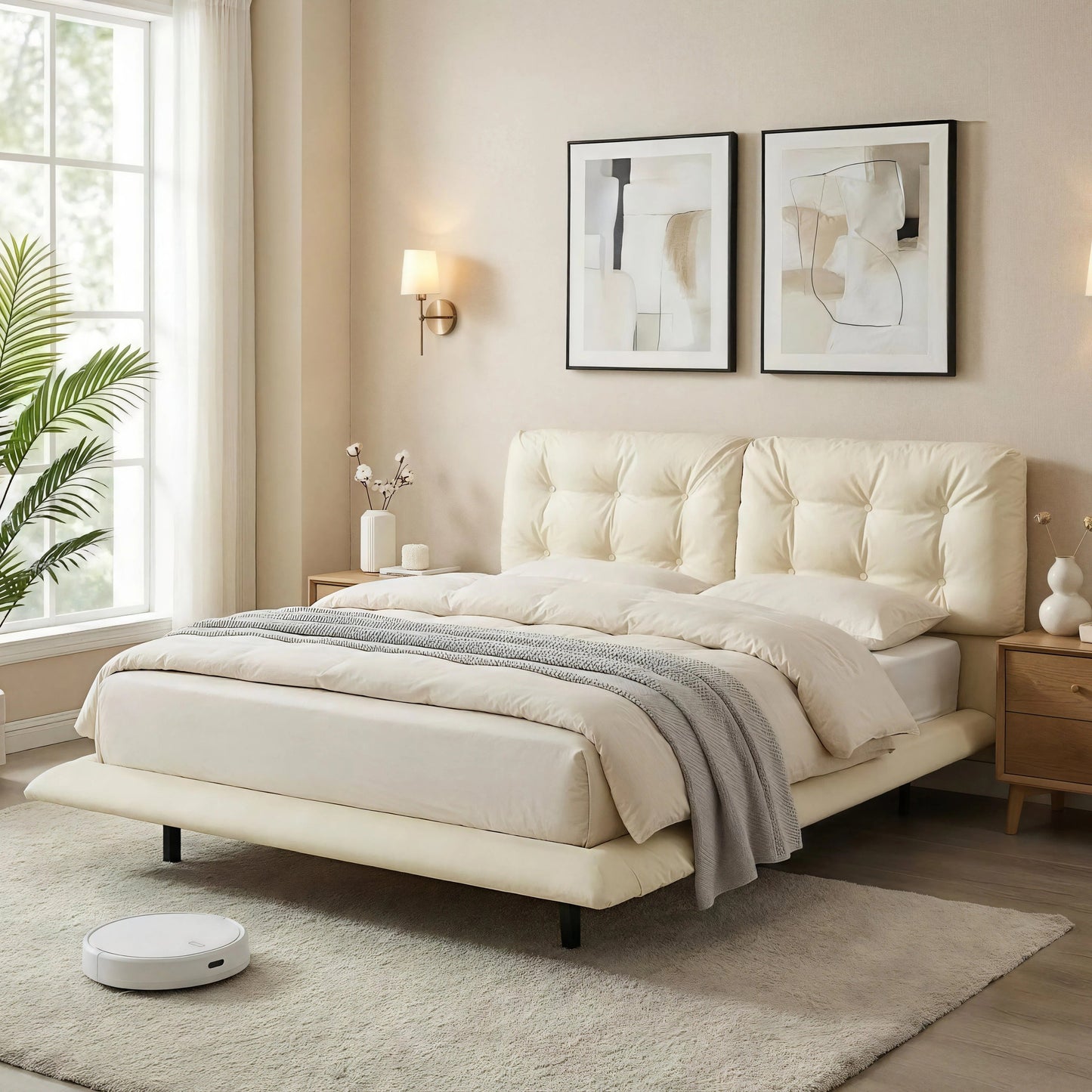 Queen Size Upholstered Floating Bed Frame with LED Lights