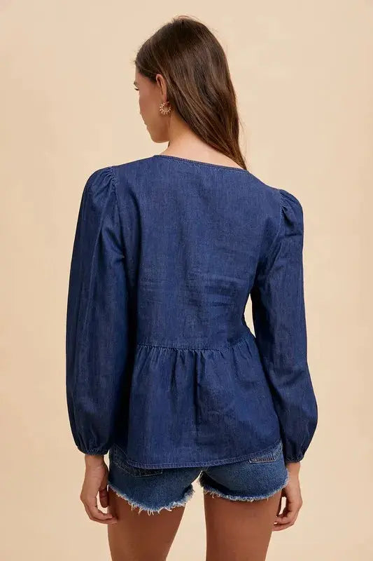 Women's Denim Peplum Top Denim Peplum Top - Navy Blue - Annie Wear Style