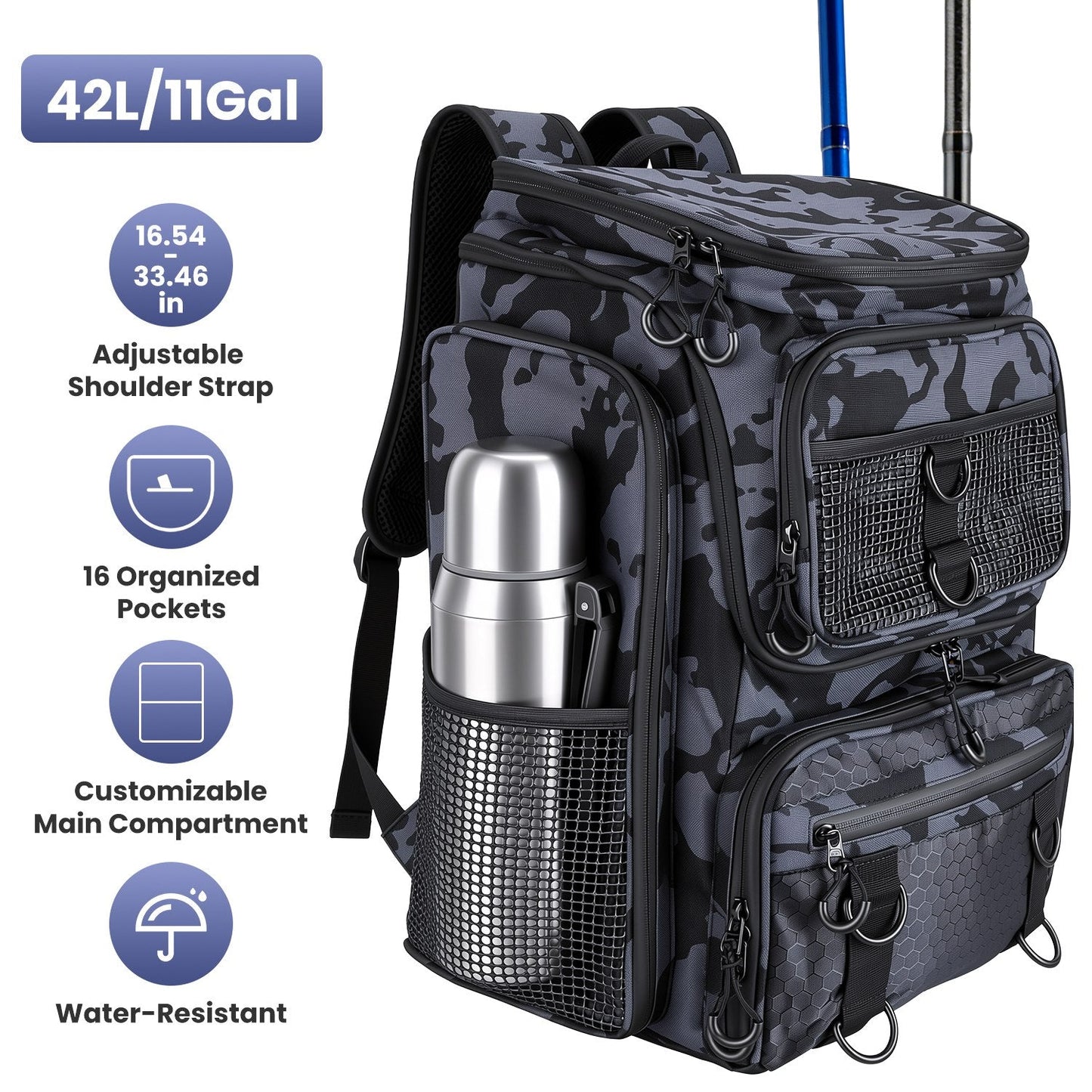 Fishing Backpack 42L with Rod Holders & 16 Pockets