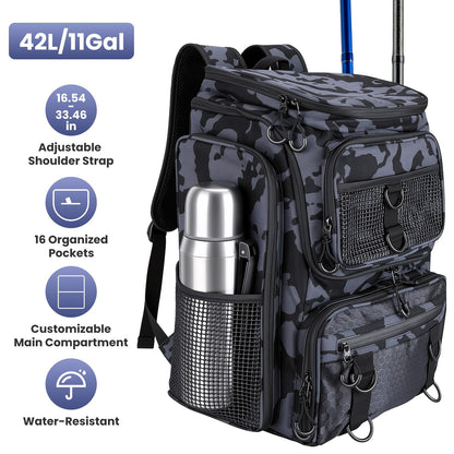 Fishing Backpack 42L with Rod Holders & 16 Pockets