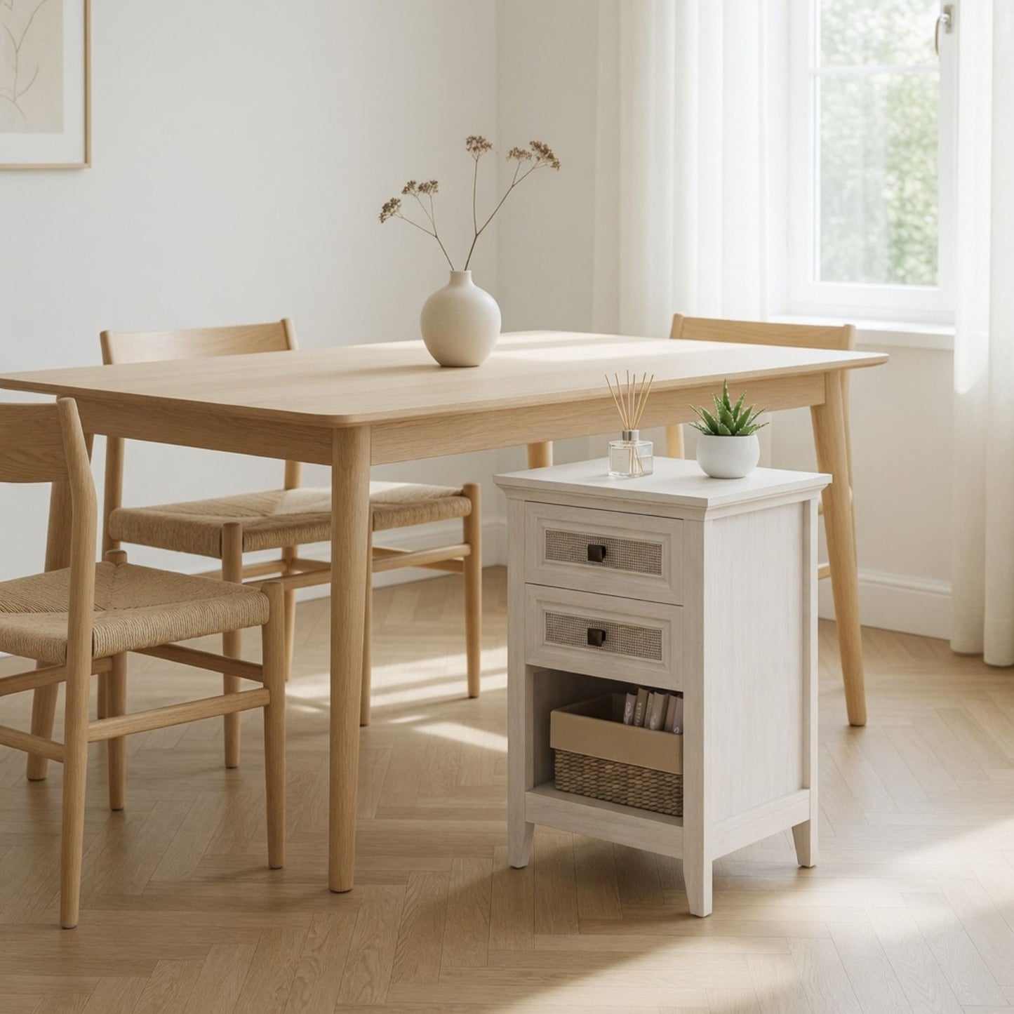 Nightstand With 2 Drawers & Shelf - White