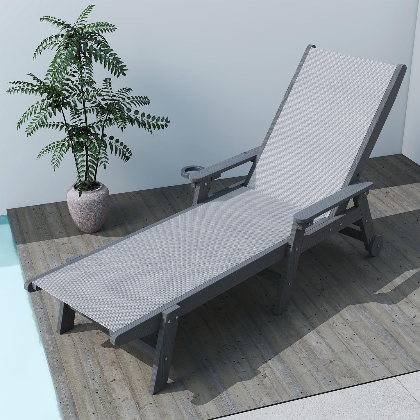 Lounge Chair Outdoor, HDPE Chaise Lounge with Wheels and 5-Position Recliner