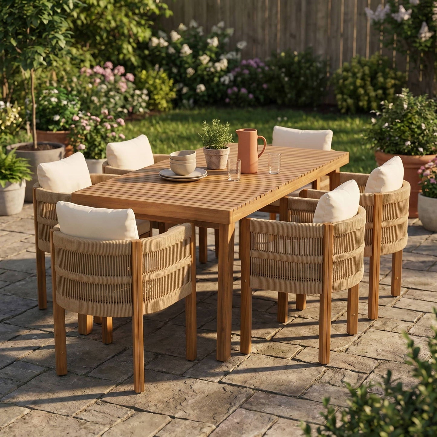 7 Piece Outdoor Dining Set With Table And Chairs - Beige / Brown