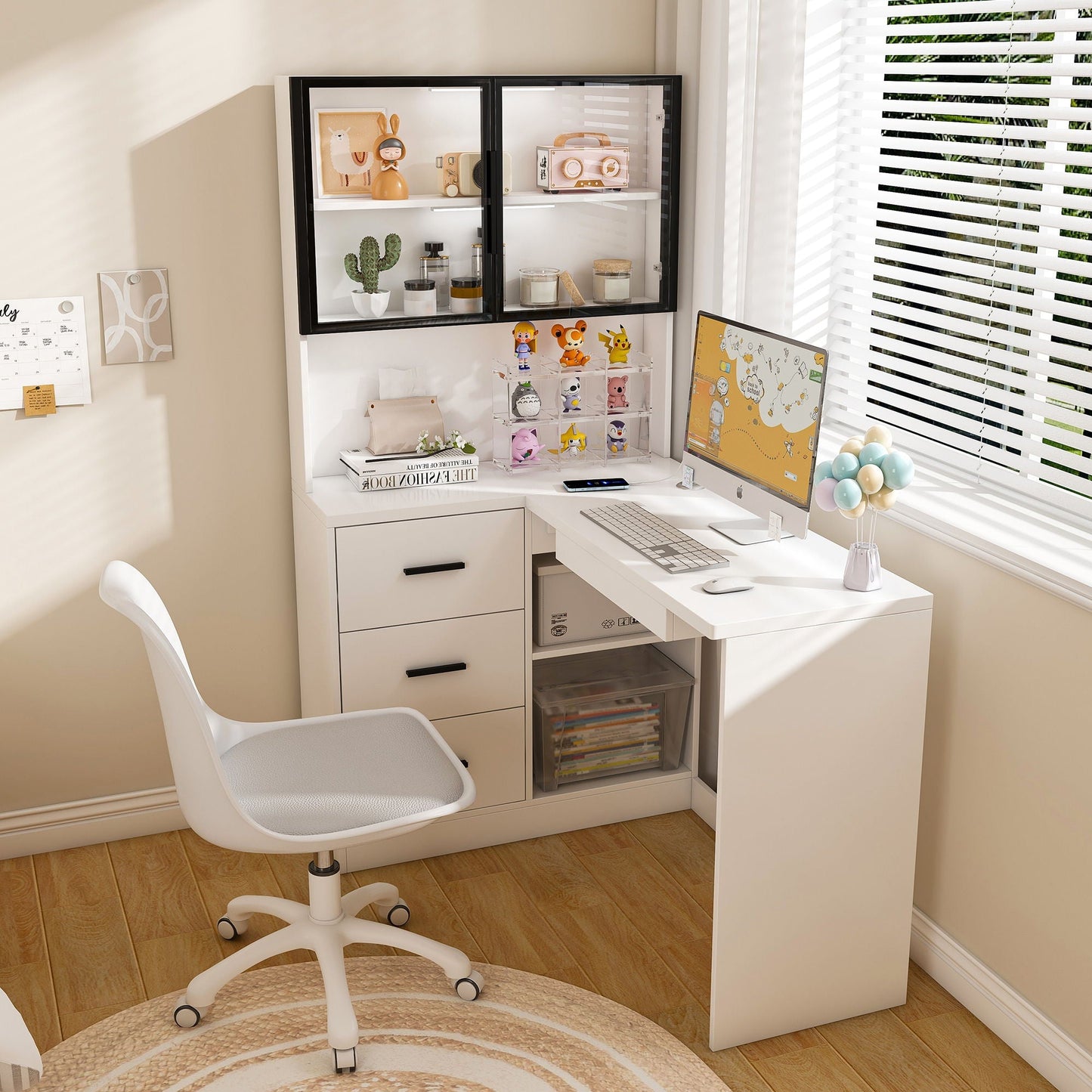 L-Shaped Computer Desk with Glass Cabinets, Built-In LED Lights, and USB Charging Ports