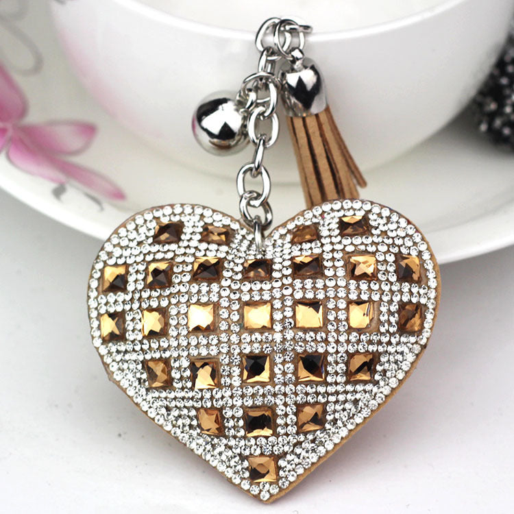 LuxeCharm Sparkling Gold Rhinestone Heart Keychain | Champagne Crystal Studded Heart Bag Charm with Tassel and Bell – European Style Personalized Gift
